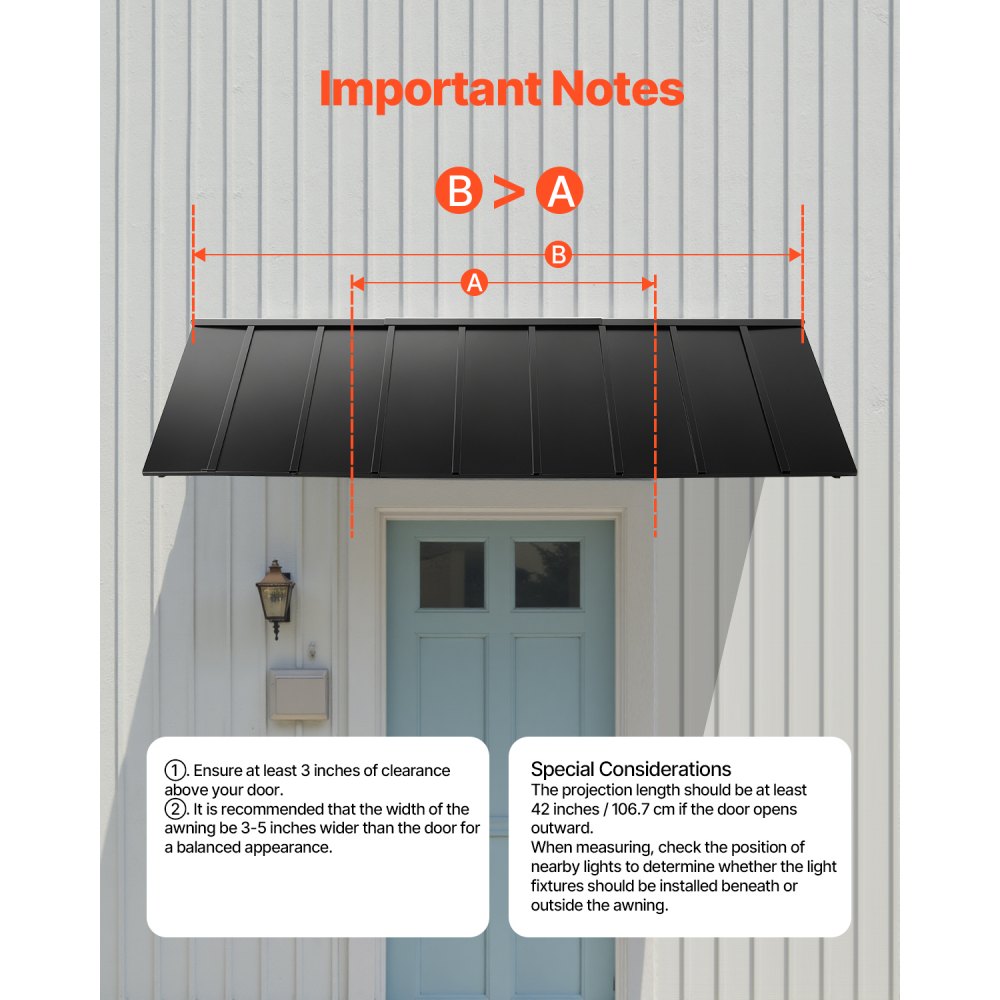 VEVOR Fixed Metal Awning 2641 × 910 mm, Window Awning Door Canopy, Stable Triangle Steel Frame Awnings for Doors Exterior Rain, Snow & Sunlight Protection for Door Entrance, Windows, Porches, Balconies