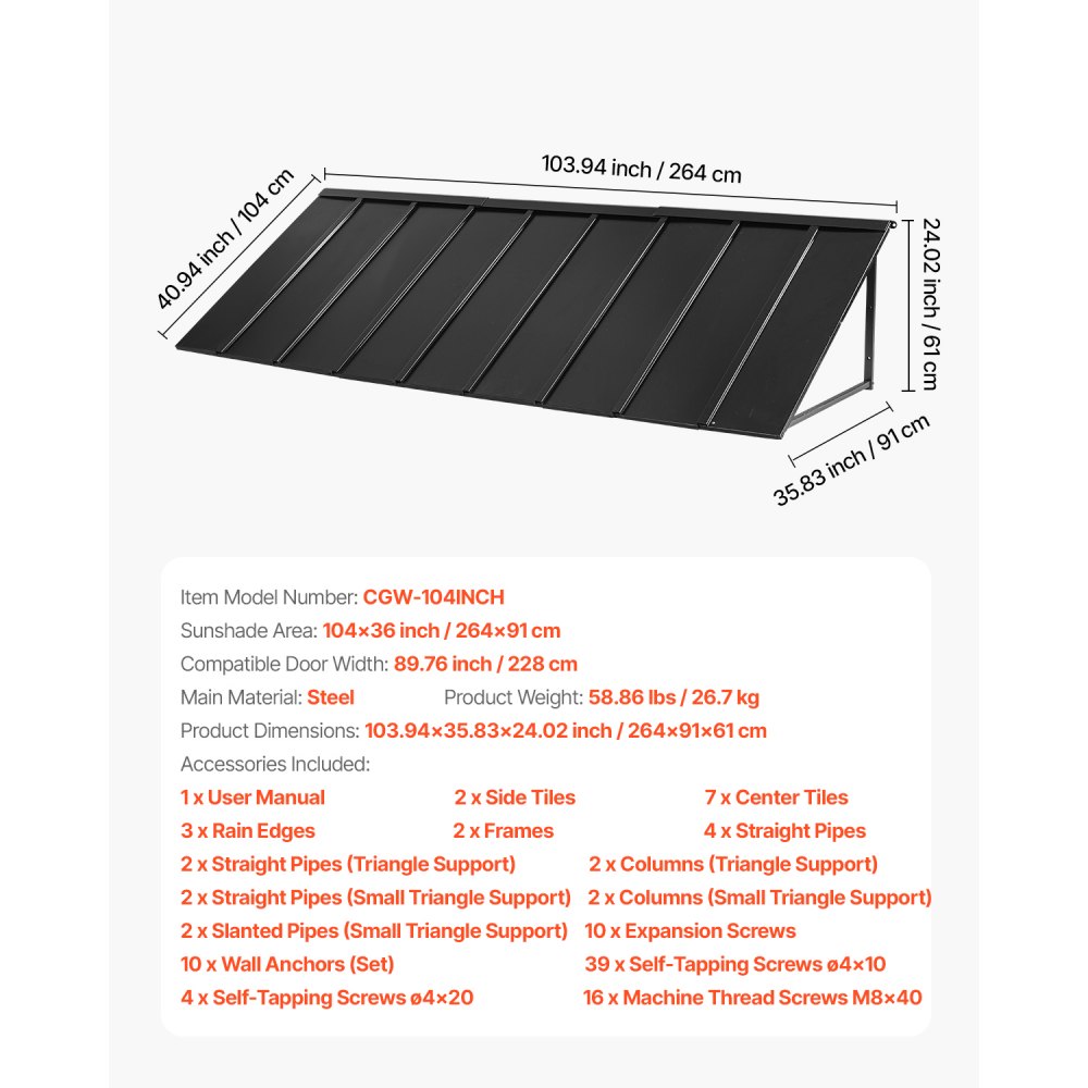 VEVOR Fixed Metal Awning 2641 × 910 mm, Window Awning Door Canopy, Stable Triangle Steel Frame Awnings for Doors Exterior Rain, Snow & Sunlight Protection for Door Entrance, Windows, Porches, Balconies