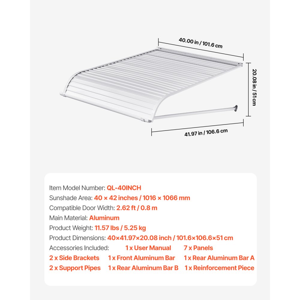 VEVOR Aluminum Awning 1016 × 1066 mm, Durable Window Awning Door Canopy, Lightweight and Stable Aluminum Exterior Awnings Rain Snow Sunlight Protection for Door Entrance Windows Patio Porch