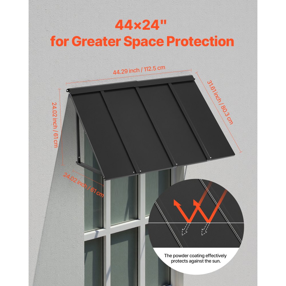 VEVOR Fixed Metal Awning 44 x 24 in, Window Awning Door Canopy, Stable Triangle Steel Frame Awnings for Doors Exterior Rain, and Snow Sunlight Protection for Door Entrance, Windows, Porches, Balconies
