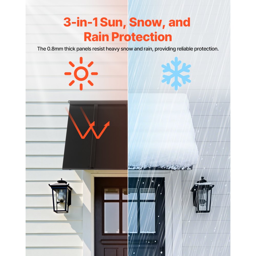 VEVOR Fixed Metal Awning 1125 × 610 mm, Window Awning Door Canopy, Stable Triangle Steel Frame Awnings for Doors Exterior Rain, and Snow Sunlight Protection for Door Entrance, Windows, Porches, Balconies