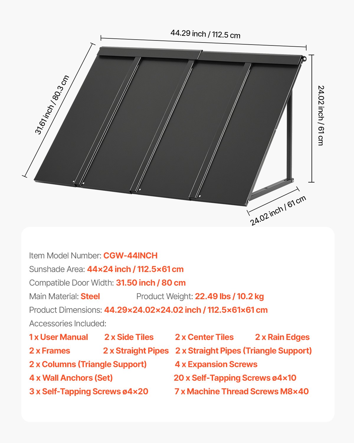 VEVOR Fixed Metal Awning 1125 × 610 mm, Window Awning Door Canopy, Stable Triangle Steel Frame Awnings for Doors Exterior Rain, and Snow Sunlight Protection for Door Entrance, Windows, Porches, Balconies