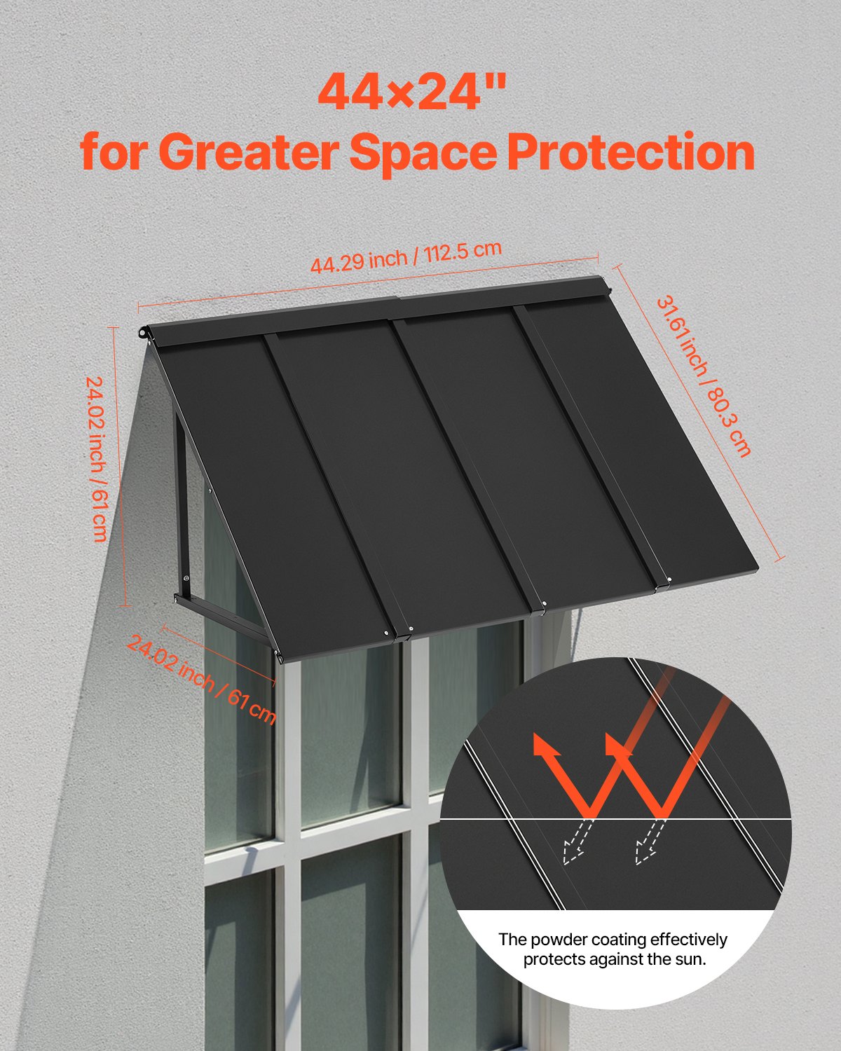 VEVOR Fixed Metal Awning 1125 × 610 mm, Window Awning Door Canopy, Stable Triangle Steel Frame Awnings for Doors Exterior Rain, and Snow Sunlight Protection for Door Entrance, Windows, Porches, Balconies