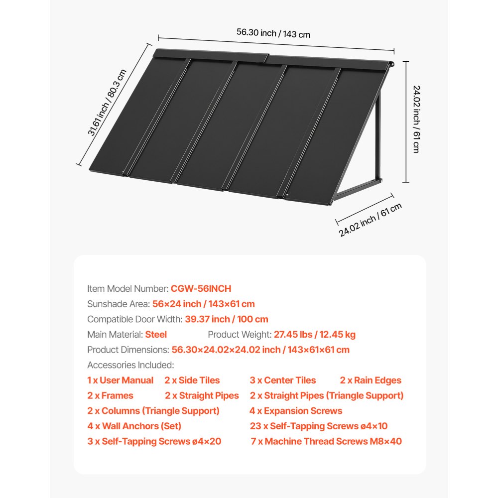 VEVOR Fixed Metal Awning 1430 × 610 mm, Window Awning Door Canopy, Stable Triangle Steel Frame Awnings for Doors Exterior Rain, and Snow Sunlight Protection for Door Entrance, Windows, Porches, Balconies