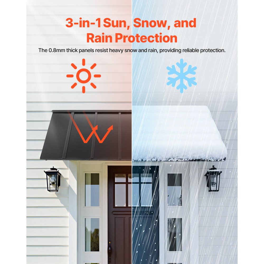 VEVOR Fixed Metal Awning 2032 × 910 mm, Window Awning Door Canopy, Stable Triangle Steel Frame Exterior Awnings Rain, and Snow Sunlight Protection for Door Entrance, Windows, Porches, Balconies