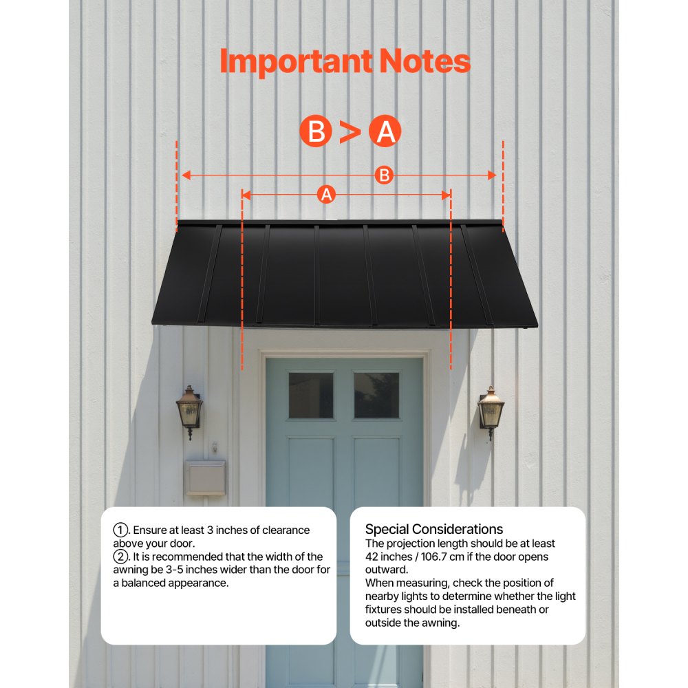 VEVOR Fixed Metal Awning 2032 × 910 mm, Window Awning Door Canopy, Stable Triangle Steel Frame Exterior Awnings Rain, and Snow Sunlight Protection for Door Entrance, Windows, Porches, Balconies