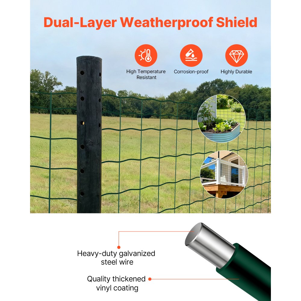 VEVOR Farm Fence, 1 x 20 m, 4 x 4 in Mesh 2.1mm Galvanized Steel Wire Fencing for Cattle, Hog & Sheep, Heavy Duty Vinyl Coated Livestock Fence for Animal Enclosures, Cage Wire, Garden Fences, Green