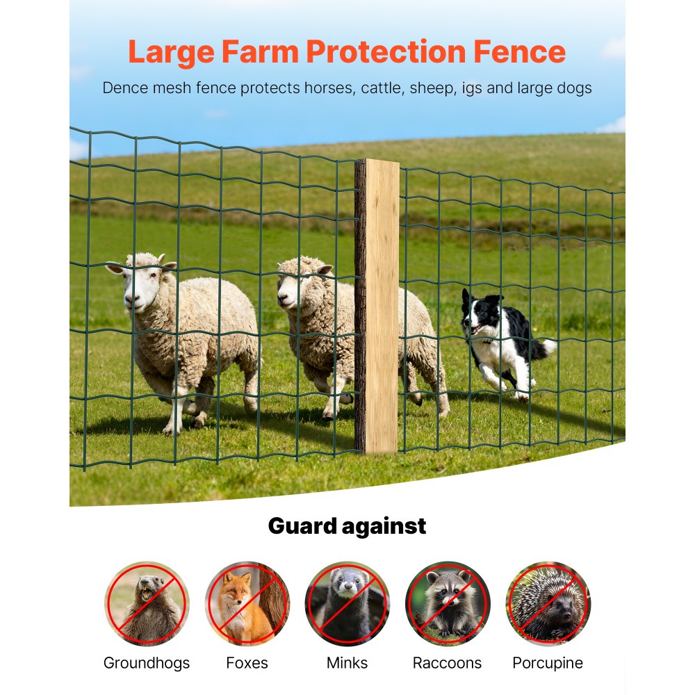 VEVOR Farm Fence, 39 x 787 in, 4 x 4 in Mesh 2.1mm Galvanized Steel Wire Fencing for Cattle, Hog & Sheep, Heavy Duty Vinyl Coated Livestock Fence for Animal Enclosures, Cage Wire, Garden Fences, Green