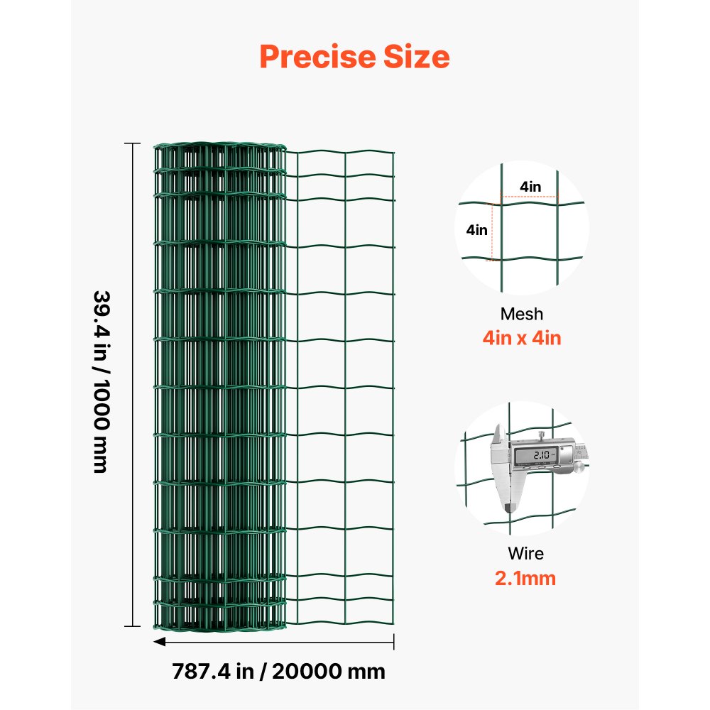 VEVOR Farm Fence, 39 x 787 in, 4 x 4 in Mesh 2.1mm Galvanized Steel Wire Fencing for Cattle, Hog & Sheep, Heavy Duty Vinyl Coated Livestock Fence for Animal Enclosures, Cage Wire, Garden Fences, Green