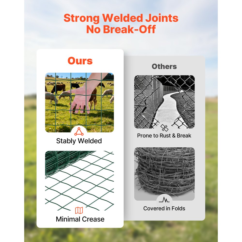 VEVOR Farm Fence, 39 x 787 in, 4 x 4 in Mesh 2.1mm Galvanized Steel Wire Fencing for Cattle, Hog & Sheep, Heavy Duty Vinyl Coated Livestock Fence for Animal Enclosures, Cage Wire, Garden Fences, Green