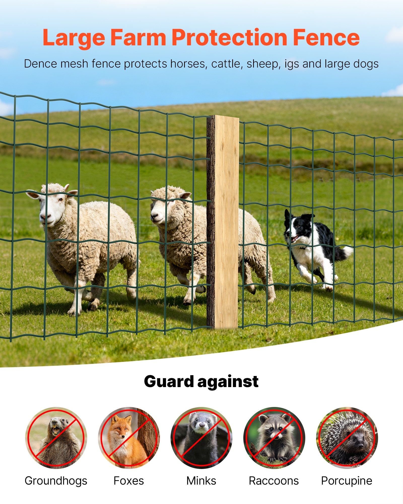 VEVOR Farm Fence, 39 x 787 in, 4 x 4 in Mesh 2.1mm Galvanized Steel Wire Fencing for Cattle, Hog & Sheep, Heavy Duty Vinyl Coated Livestock Fence for Animal Enclosures, Cage Wire, Garden Fences, Green