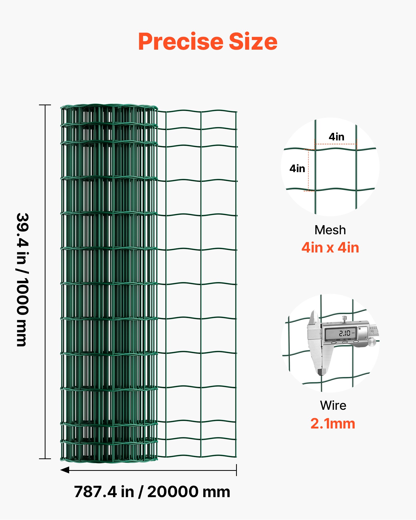 VEVOR Farm Fence, 39 x 787 in, 4 x 4 in Mesh 2.1mm Galvanized Steel Wire Fencing for Cattle, Hog & Sheep, Heavy Duty Vinyl Coated Livestock Fence for Animal Enclosures, Cage Wire, Garden Fences, Green