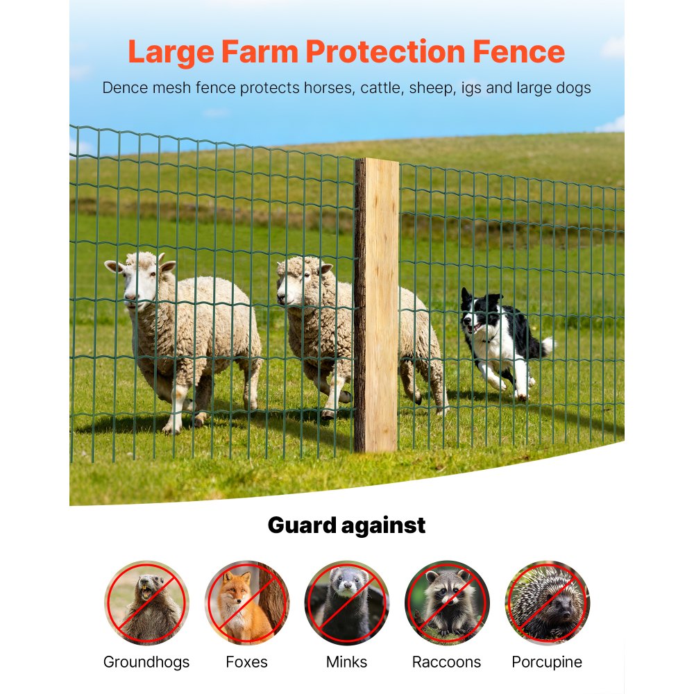 VEVOR Farm Fence, 47 x 984 in, 2 x 4 in Mesh 2.1mm Galvanized Steel Wire Fencing for Cattle, Hog & Sheep, Heavy Duty Vinyl Coated Livestock Fence for Animal Enclosures, Cage Wire, Garden Fences, Green