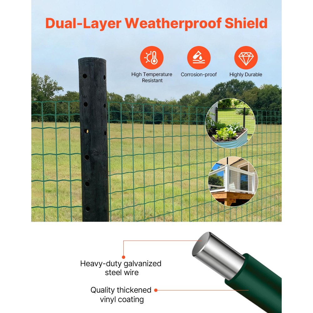 VEVOR Farm Fence, 1 x 25 m, 2 x 4 in Mesh 2.1mm Galvanized Steel Wire Fencing for Cattle, Hog & Sheep, Heavy Duty Vinyl Coated Livestock Fence for Animal Enclosures, Cage Wire, Garden Fences, Green