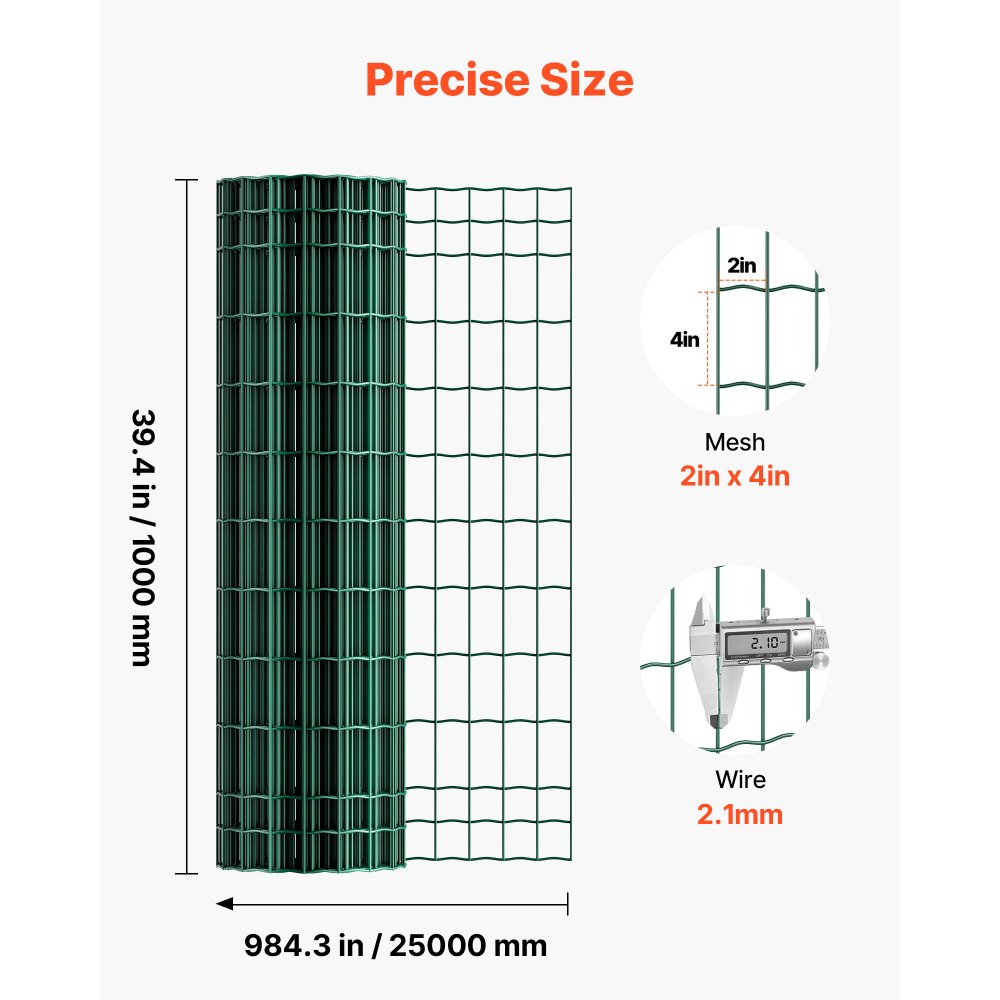VEVOR Farm Fence, 39 x 984 in, 2 x 4 in Mesh 2.1mm Galvanized Steel Wire Fencing for Cattle, Hog & Sheep, Heavy Duty Vinyl Coated Livestock Fence for Animal Enclosures, Cage Wire, Garden Fences, Green