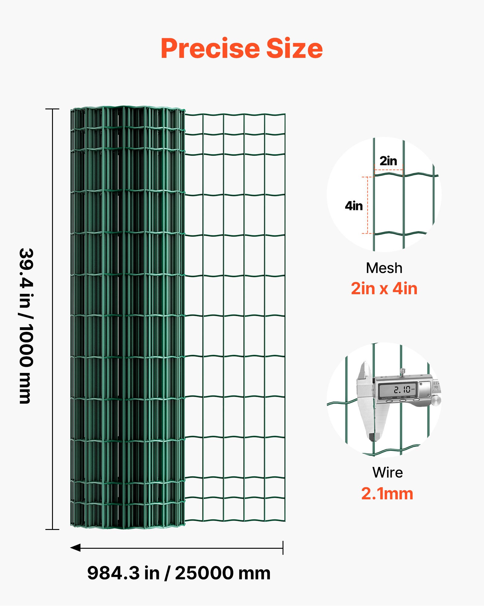 VEVOR Farm Fence, 39 x 984 in, 2 x 4 in Mesh 2.1mm Galvanized Steel Wire Fencing for Cattle, Hog & Sheep, Heavy Duty Vinyl Coated Livestock Fence for Animal Enclosures, Cage Wire, Garden Fences, Green