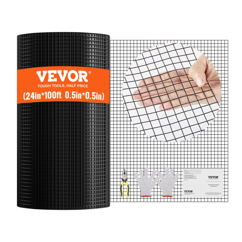 VEVOR hardware cloth 24in x 100ft, 0.5in mesh with gloves and pliers included in the packaging.