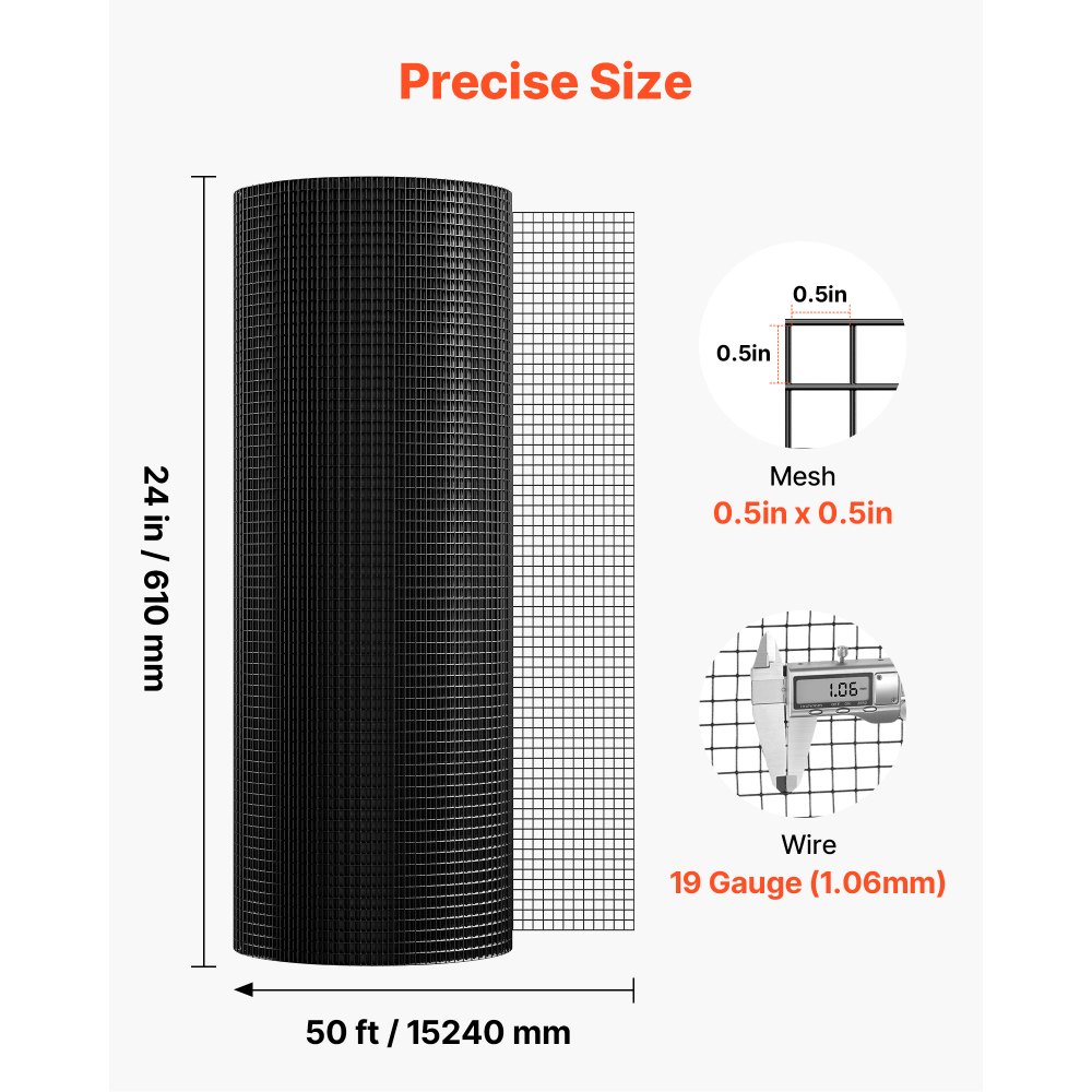 VEVOR Hardware Cloth 24 in x 50 ft, 1/2 in 19 Gauge Galvanized Wire Mesh Roll, Weather-Resistant Vinyl Coated Chicken Wire Fencing, Heavy Duty Welded Garden Plant Fencing for Rabbit Cage Snake Fence