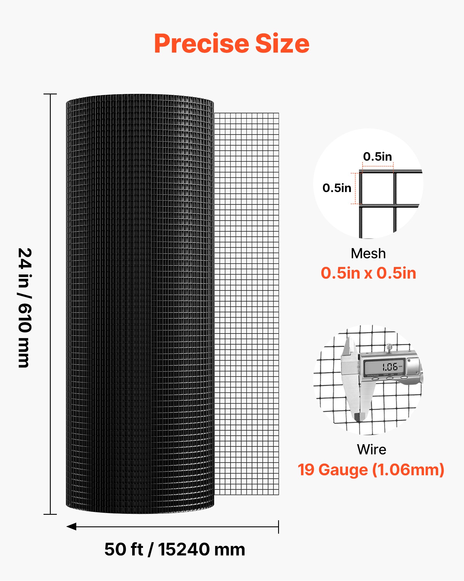 VEVOR Hardware Cloth 24 in x 50 ft, 1/2 in 19 Gauge Galvanized Wire Mesh Roll, Weather-Resistant Vinyl Coated Chicken Wire Fencing, Heavy Duty Welded Garden Plant Fencing for Rabbit Cage Snake Fence