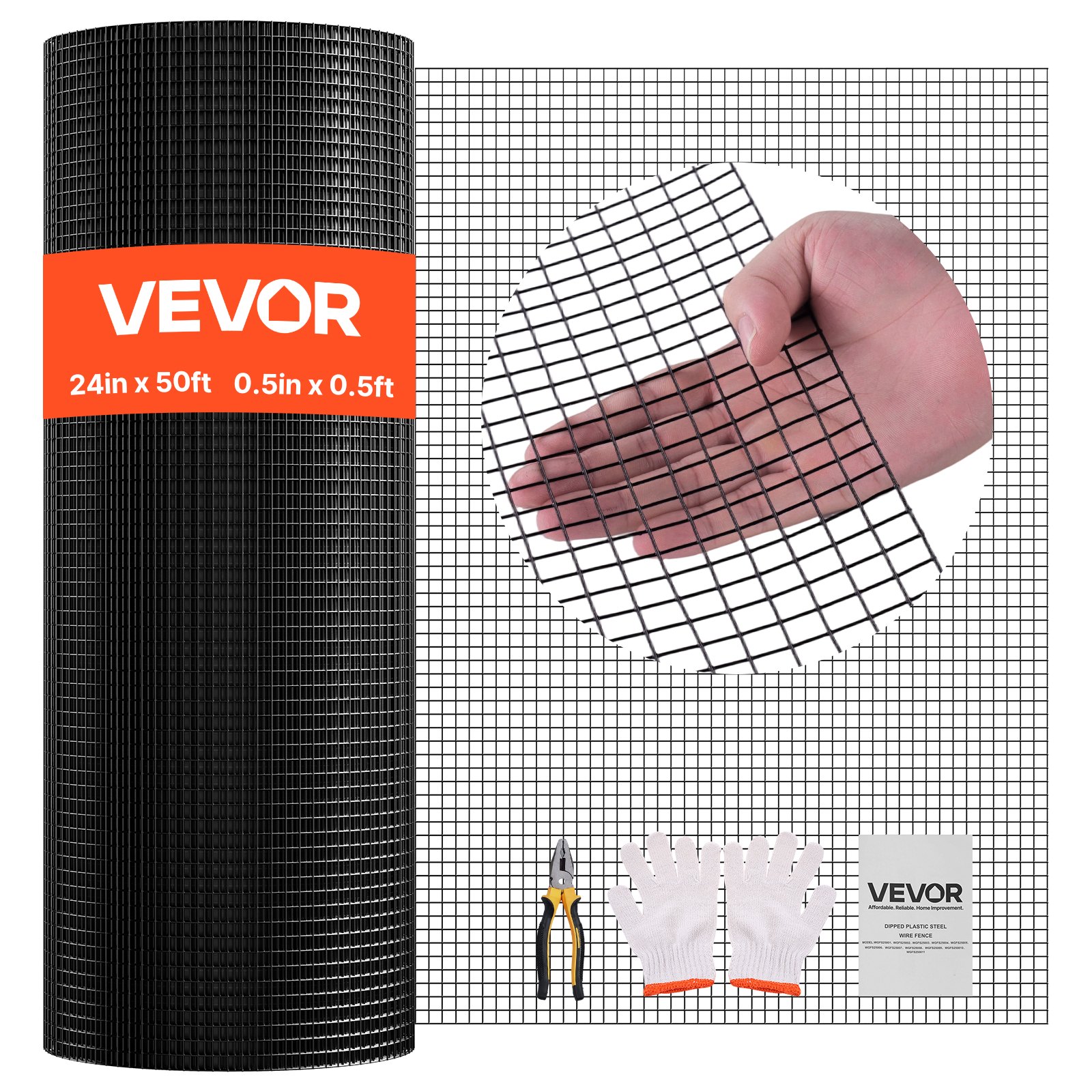 VEVOR Hardware Cloth 24 in x 50 ft, 1/2 in 19 Gauge Galvanized Wire Mesh Roll, Weather-Resistant Vinyl Coated Chicken Wire Fencing, Heavy Duty Welded Garden Plant Fencing for Rabbit Cage Snake Fence