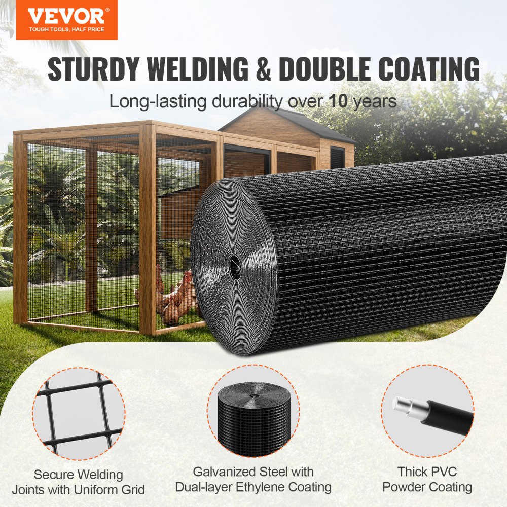 VEVOR Hardware Cloth, 910 x 30480 mm Galvanized Wire Mesh Roll, 19 Gauge Chicken Wire Fence Roll, Vinyl Coating Metal Wire Mesh for Chicken Coop Barrier, Rabbit Snake Fences, Poultry Enclosures
