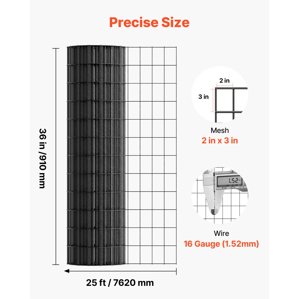 VEVOR Hardware Cloth 36 in x 25 ft, 2 x 3 in Mesh 16 Gauge Galvanized Wire Mesh Roll, Weather-Resistant Vinyl Coated Chicken Wire Fencing, Heavy Duty Welded Garden Plant Fencing for Rabbit Cage Snake