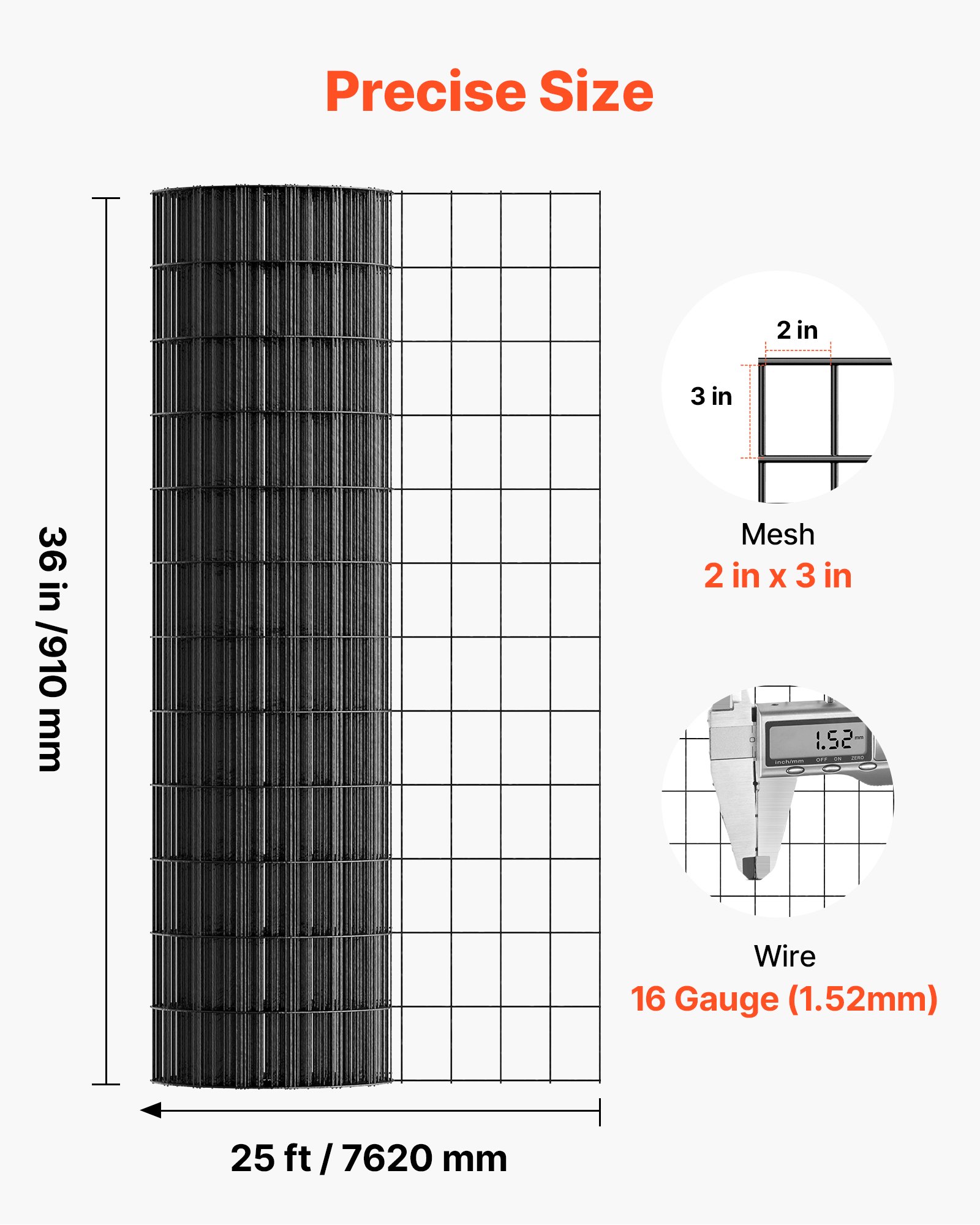 VEVOR Hardware Cloth 36 in x 25 ft, 2 x 3 in Mesh 16 Gauge Galvanized Wire Mesh Roll, Weather-Resistant Vinyl Coated Chicken Wire Fencing, Heavy Duty Welded Garden Plant Fencing for Rabbit Cage Snake
