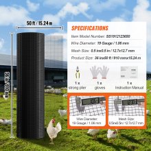 VEVOR Hardware Cloth, 36'' x 50' Galvanized Wire Mesh Roll, 19 Gauge Chicken Wire Fence Roll, Vinyl Coating Metal Wire Mesh for Chicken Coop Barrier, Rabbit Snake Fences, Poultry Enclosures