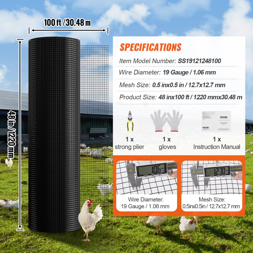VEVOR Hardware Cloth, 1.2 x 30.48m Galvanized Wire Mesh Roll, 19 Gauge Chicken Wire Fence Roll, Vinyl Coating Metal Wire Mesh for Chicken Coop Barrier, Rabbit Snake Fences, Poultry Enclosures