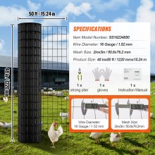 VEVOR hardwareklud, 48'' x 50' galvaniseret trådnetrulle, 16 gauge kyllingetrådshegn, vinylbelægning metaltrådsnet til hønsegårdsbarriere, kaninslangehegn, fjerkræindhegninger