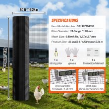 VEVOR Hardware Cloth, 48'' x 50' Galvanized Wire Mesh Roll, 19 Gauge Chicken Wire Fence Roll, Vinyl Coating Metal Wire Mesh for Chicken Coop Barrier, Rabbit Snake Fences, Poultry Enclosures