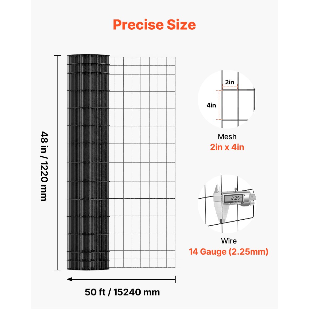 VEVOR Farm Fence,  48 in x 50 ft, 2 x 4 in Mesh 14 Gauge Galvanized Steel Wire Fencing for Cattle, Hog & Sheep , Heavy Duty Vinyl Coated Livestock Fence for Animal Enclosures, Cage Wire, Garden Fences