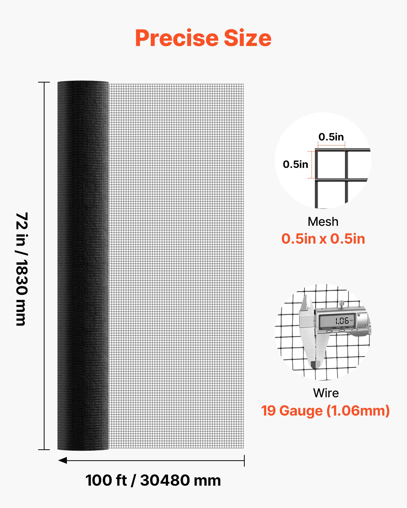 VEVOR Hardware Cloth 72 in x 100 ft, 1/2 in 19 Gauge Galvanized Wire Mesh Roll, Weather-Resistant Vinyl Coated Chicken Wire Fencing, Heavy Duty Welded Garden Plant Fencing for Rabbit Cage Snake Fence