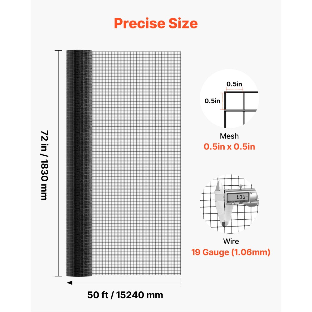 VEVOR Hardware Cloth 72 in x 50 ft, 1/2 in 19 Gauge Galvanized Wire Mesh Roll, Weather-Resistant Vinyl Coated Chicken Wire Fencing, Heavy Duty Welded Garden Plant Fencing for Rabbit Cage Snake Fence