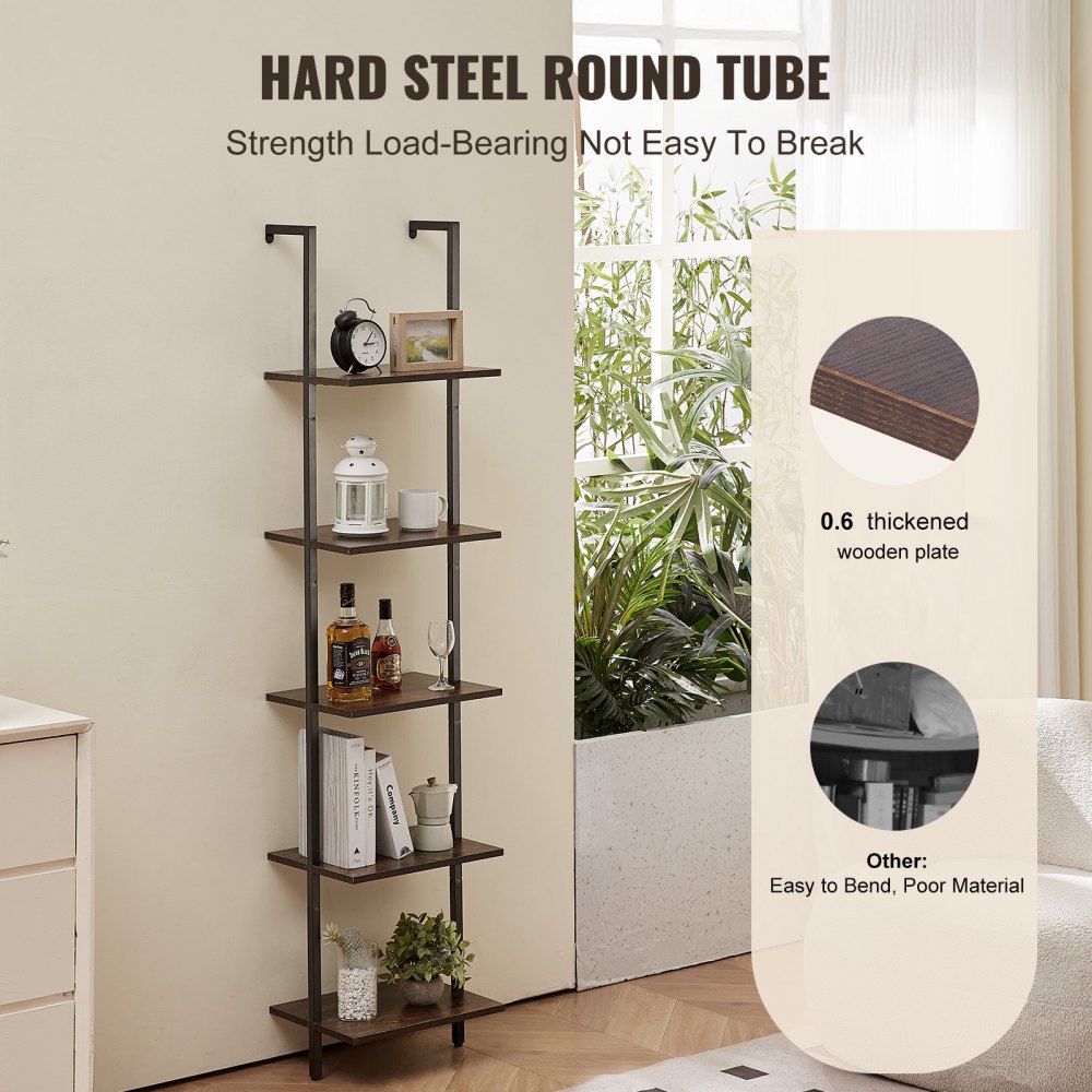 VEVOR Ladder Shelf, 5-Tier Bookshelf 15.6x11.8in, Open Wall-Mounted Ladder Shelf with Metal Frame,Storage Rack Sundries Holder for Kitchen Bedroom Bathroom Living Room, Black