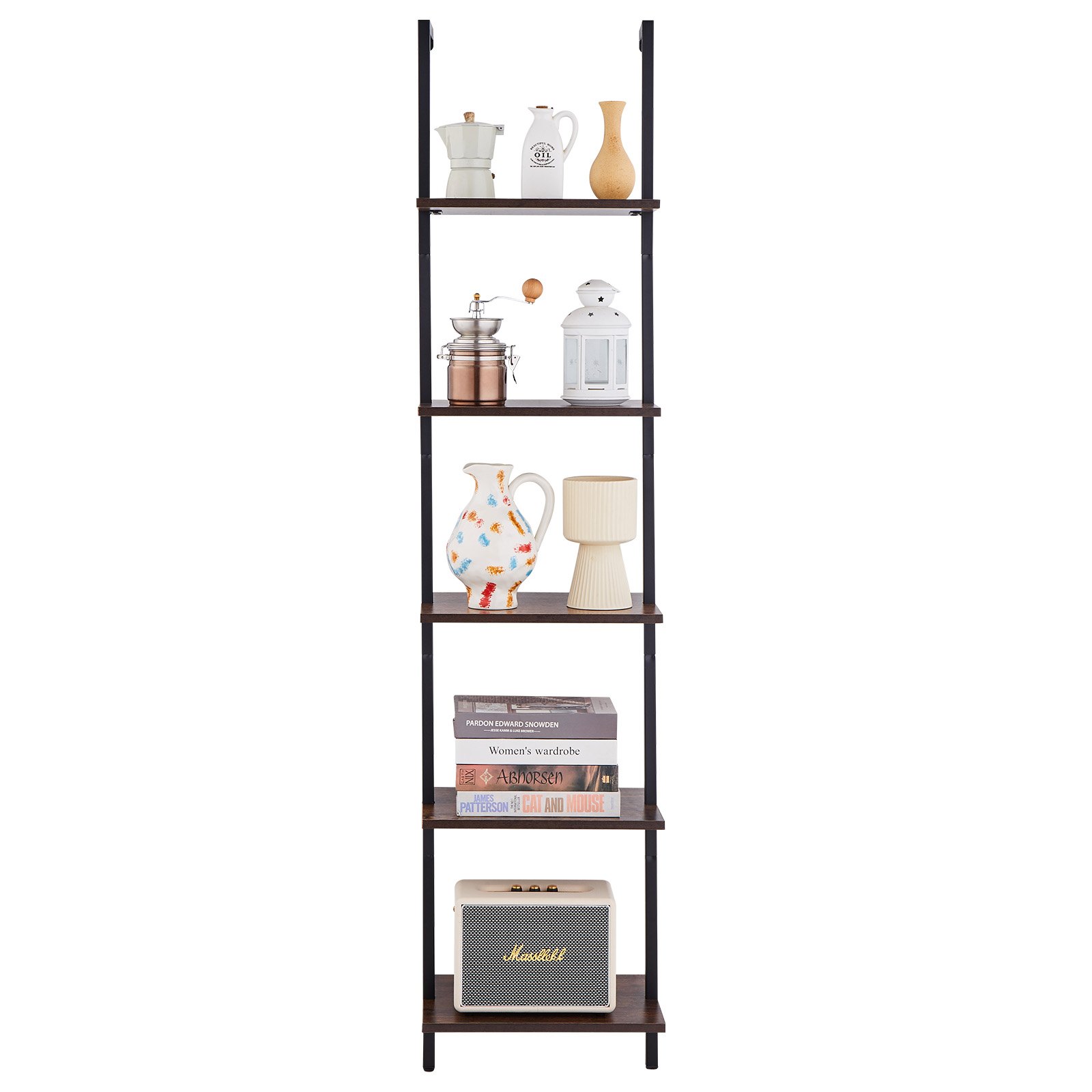VEVOR Ladder Shelf, 5-Tier Bookshelf 15.6x11.8in, Open Wall-Mounted Ladder Shelf with Metal Frame,Storage Rack Sundries Holder for Kitchen Bedroom Bathroom Living Room, Black