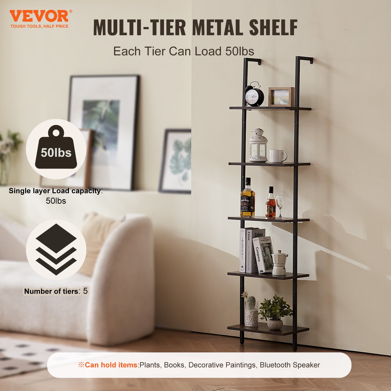 VEVOR Ladder Shelf, 5-Tier Bookshelf 15.6x11.8in, Open Wall-Mounted Ladder Shelf with Metal Frame,Storage Rack Sundries Holder for Kitchen Bedroom Bathroom Living Room, Black