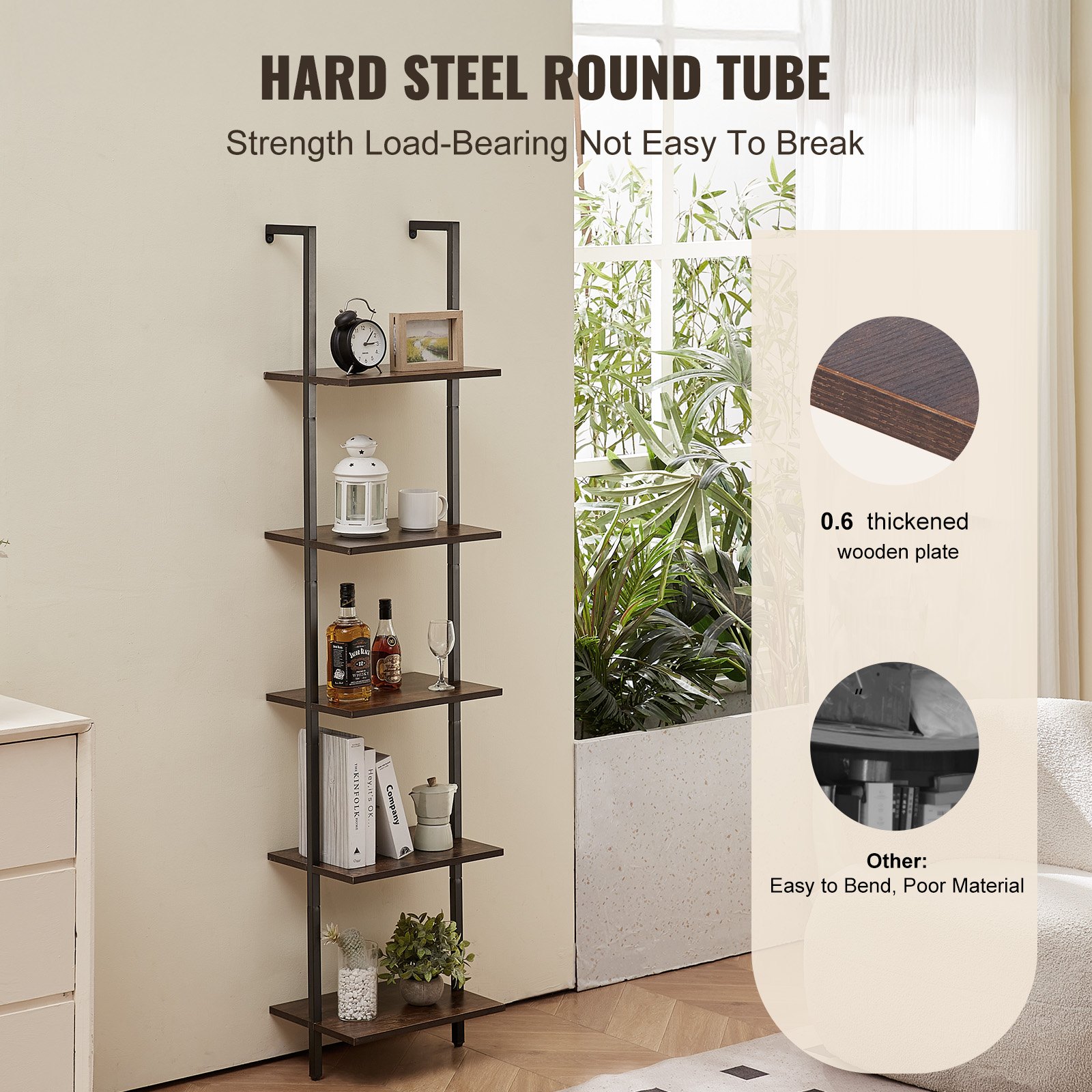 VEVOR Ladder Shelf, 5-Tier Bookshelf 15.6x11.8in, Open Wall-Mounted Ladder Shelf with Metal Frame,Storage Rack Sundries Holder for Kitchen Bedroom Bathroom Living Room, Black