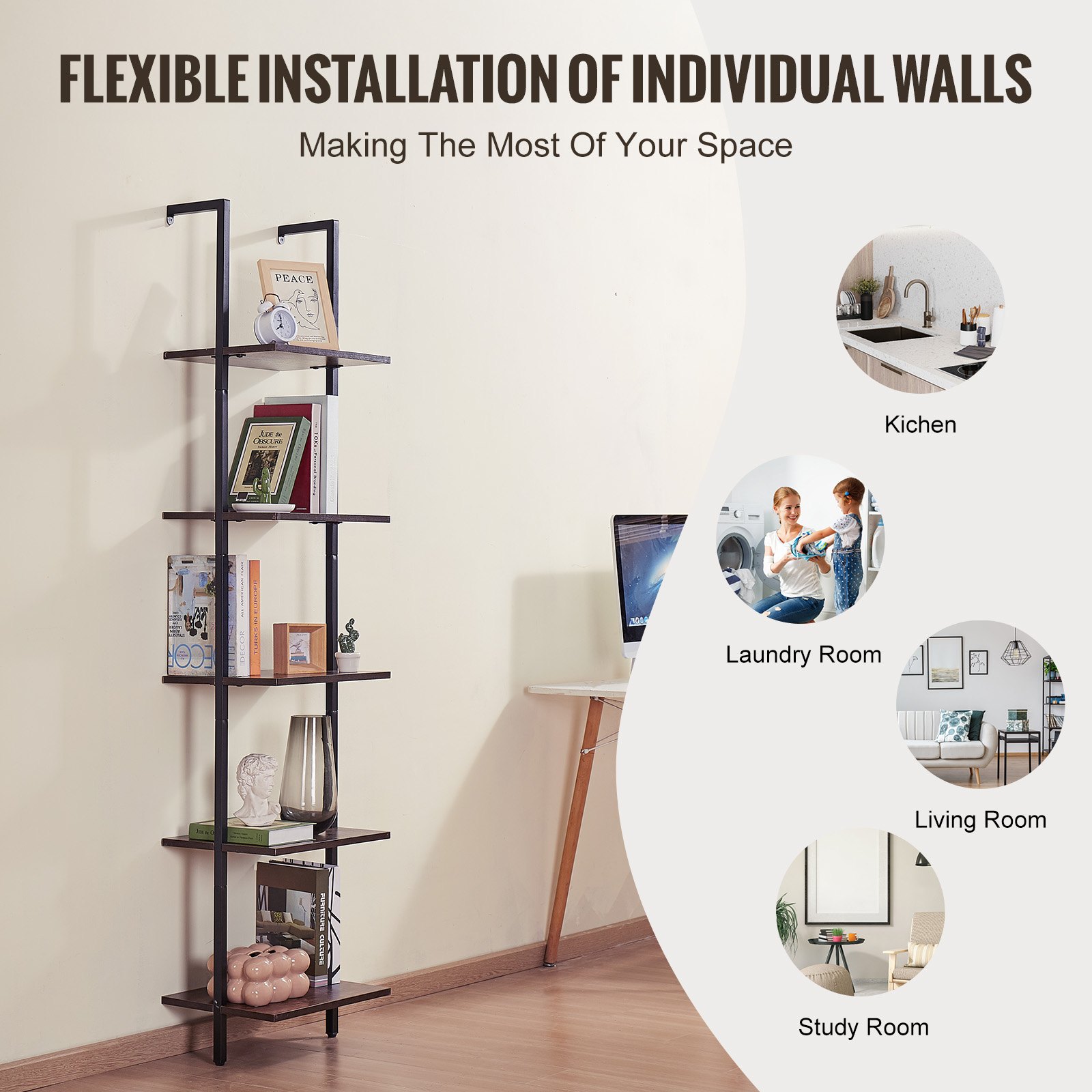 VEVOR Ladder Shelf, 5-Tier Bookshelf 15.6x11.8in, Open Wall-Mounted Ladder Shelf with Metal Frame,Storage Rack Sundries Holder for Kitchen Bedroom Bathroom Living Room, Black