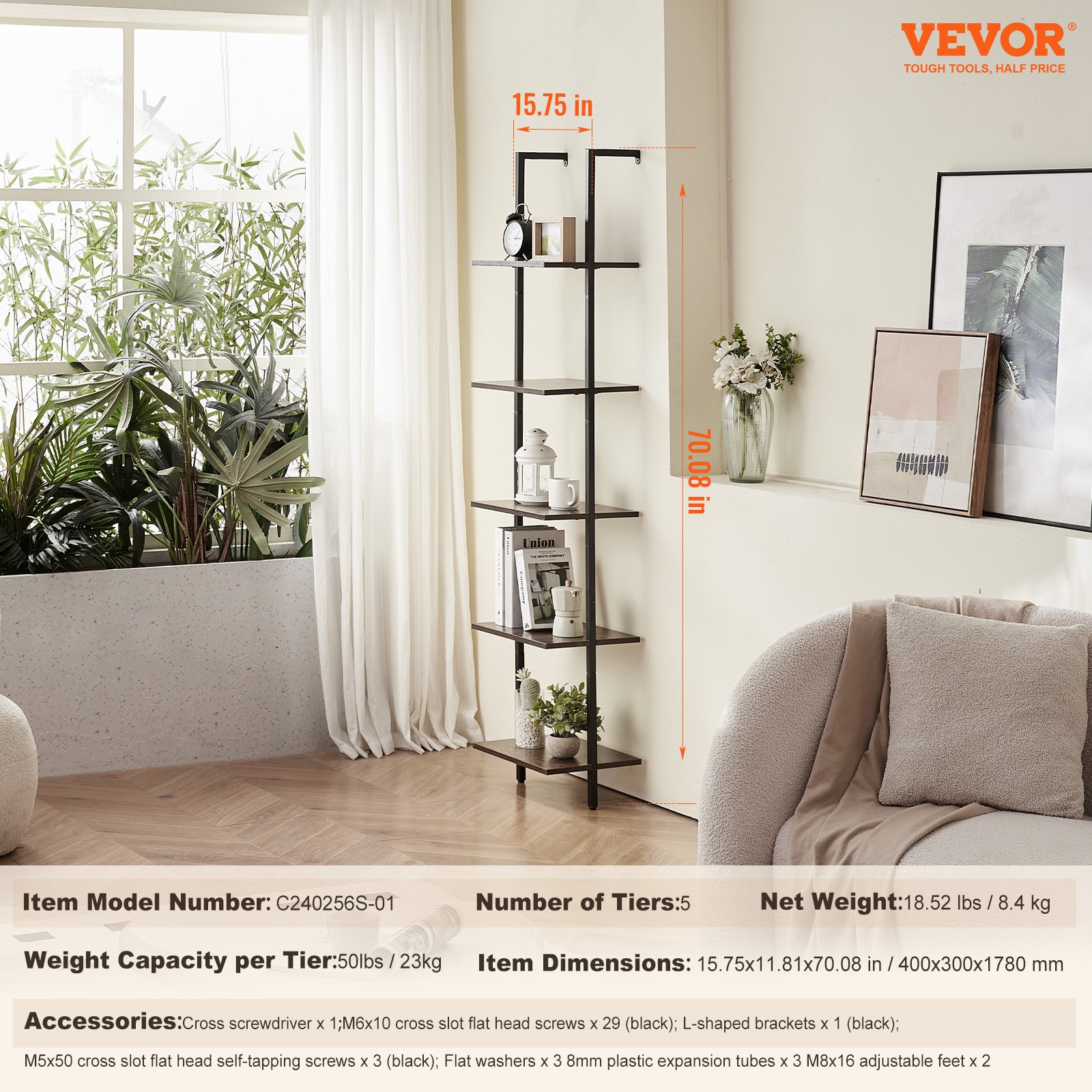 VEVOR Ladder Shelf, 5-Tier Bookshelf 15.6x11.8in, Open Wall-Mounted Ladder Shelf with Metal Frame,Storage Rack Sundries Holder for Kitchen Bedroom Bathroom Living Room, Black