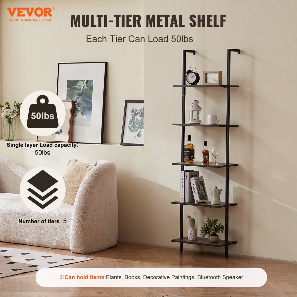 VEVOR Ladder Shelf, 5-Tier Bookshelf 17.3x11.8in, Open Wall-Mounted Ladder Shelf with Metal Frame,Storage Rack Sundries Holder for Kitchen Bedroom Bathroom Living Room, Black