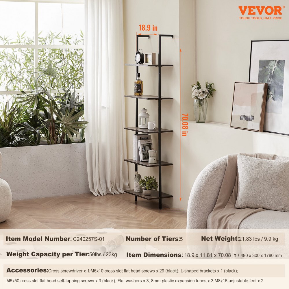 VEVOR Ladder Shelf, 5-Tier Bookshelf 17.3x11.8in, Open Wall-Mounted Ladder Shelf with Metal Frame,Storage Rack Sundries Holder for Kitchen Bedroom Bathroom Living Room, Black