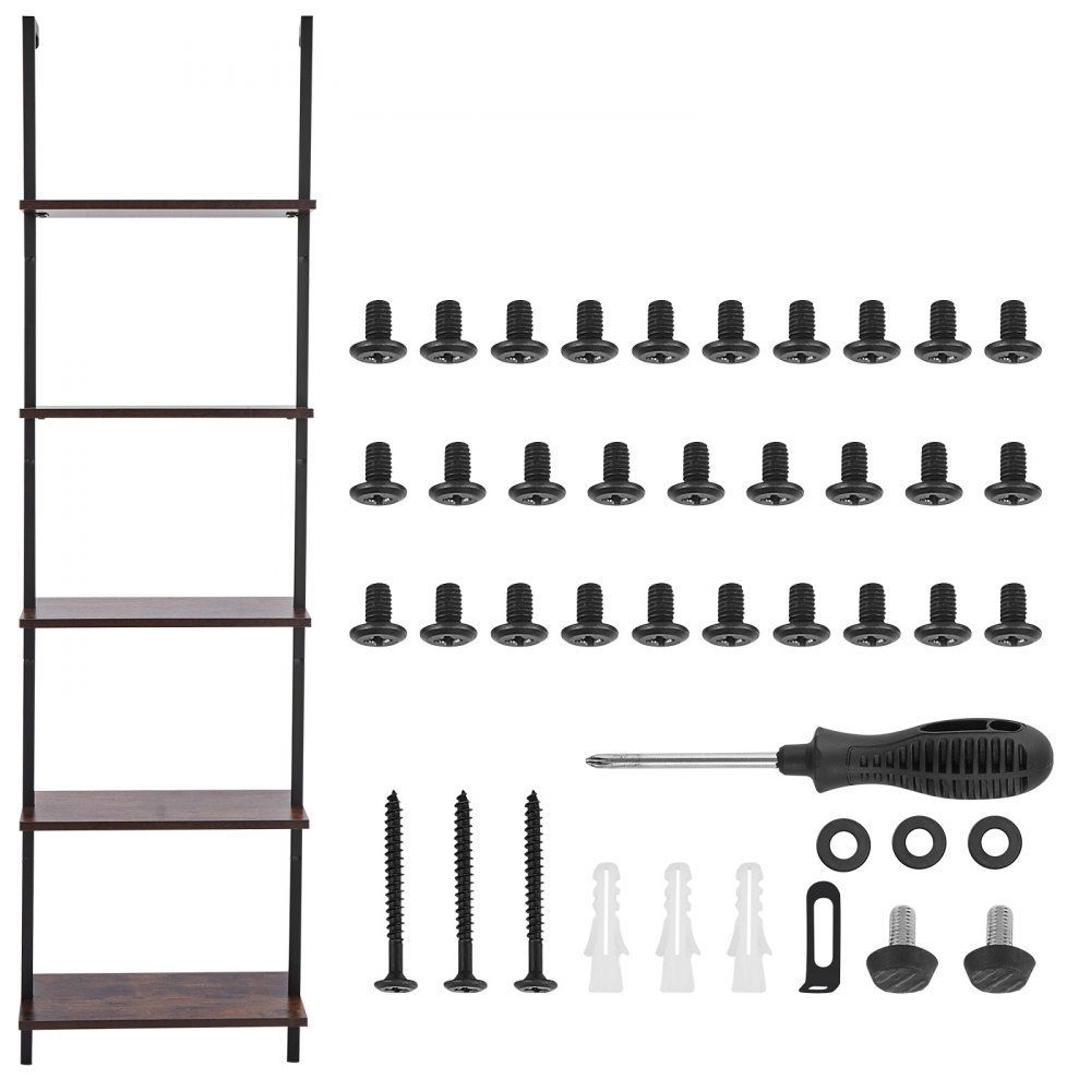 VEVOR Ladder Shelf, 5-Tier Bookshelf 17.3x11.8in, Open Wall-Mounted Ladder Shelf with Metal Frame,Storage Rack Sundries Holder for Kitchen Bedroom Bathroom Living Room, Black