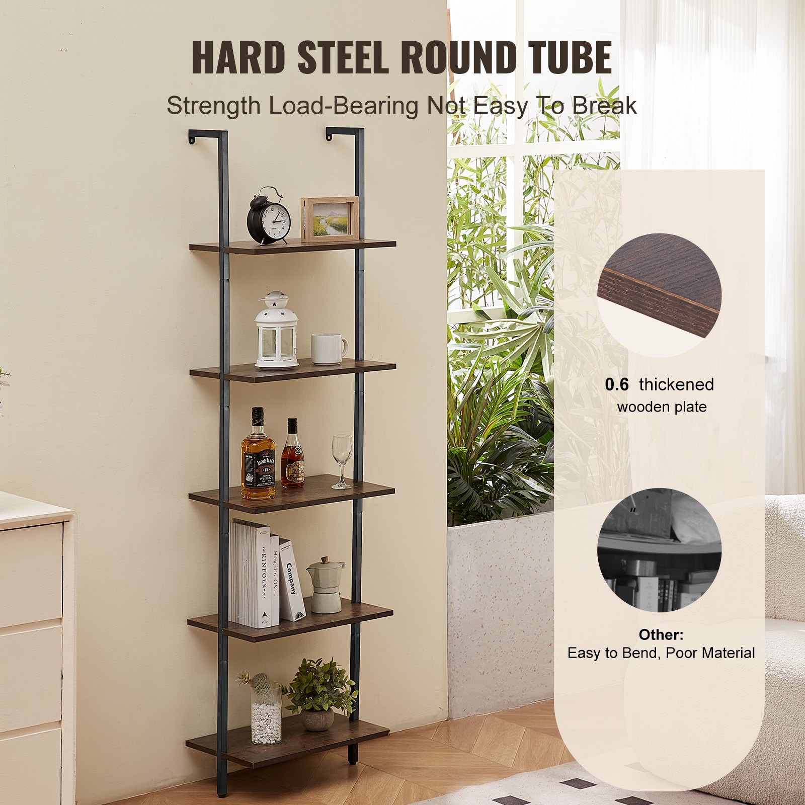 VEVOR Ladder Shelf, 5-Tier Bookshelf 17.3x11.8in, Open Wall-Mounted Ladder Shelf with Metal Frame,Storage Rack Sundries Holder for Kitchen Bedroom Bathroom Living Room, Black
