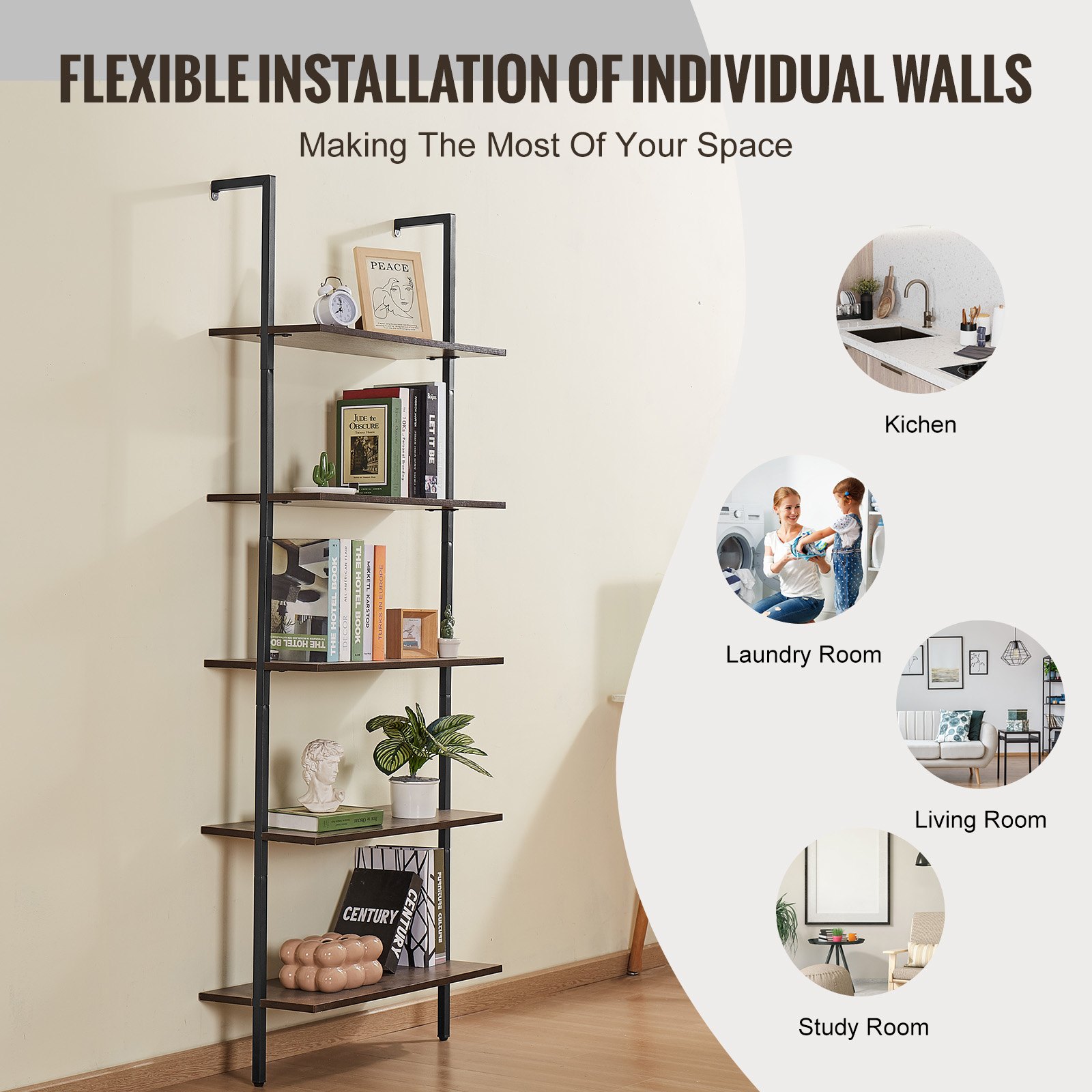 VEVOR Ladder Shelf, 5-Tier Bookshelf 17.3x11.8in, Open Wall-Mounted Ladder Shelf with Metal Frame,Storage Rack Sundries Holder for Kitchen Bedroom Bathroom Living Room, Black