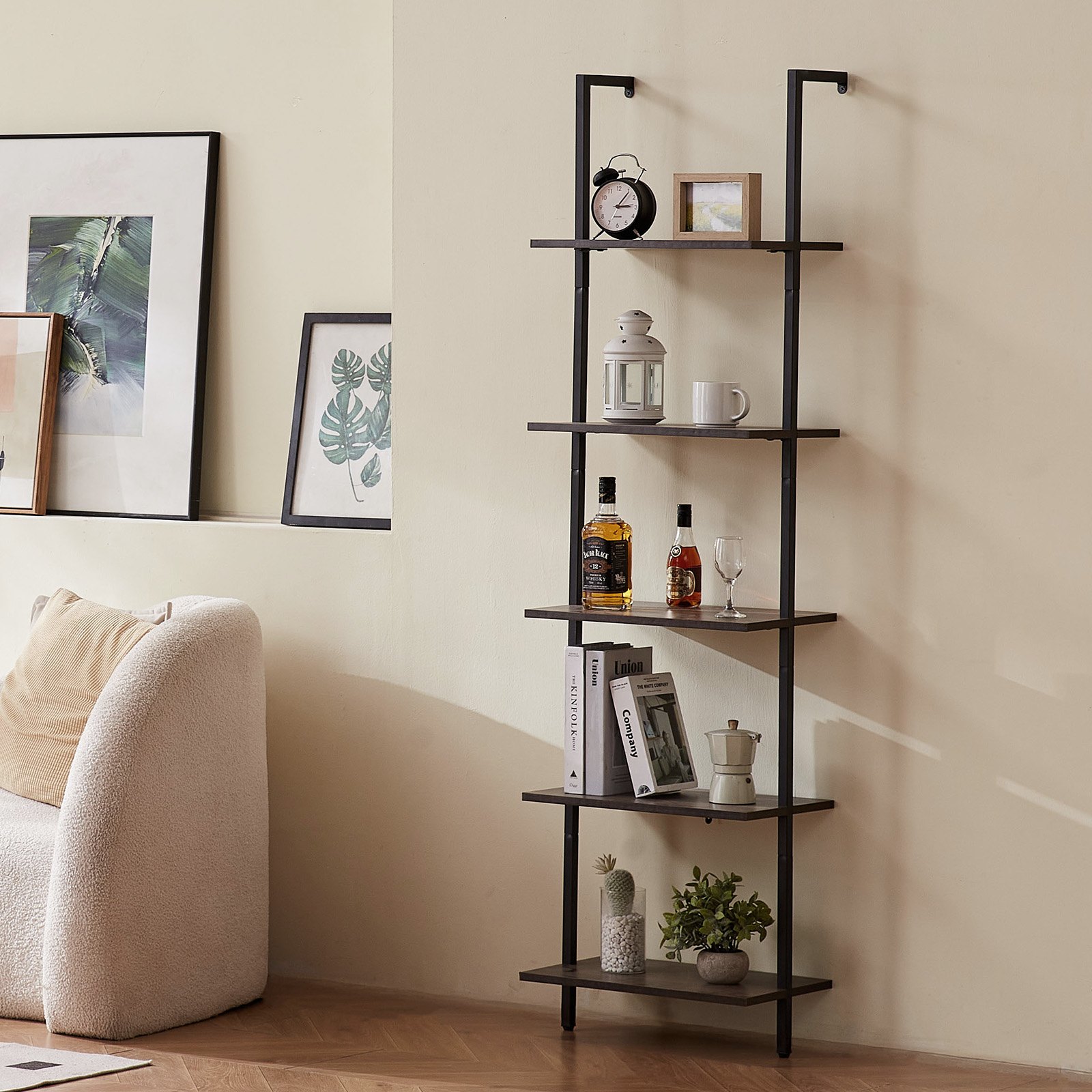 VEVOR Ladder Shelf, 5-Tier Bookshelf 17.3x11.8in, Open Wall-Mounted Ladder Shelf with Metal Frame,Storage Rack Sundries Holder for Kitchen Bedroom Bathroom Living Room, Black