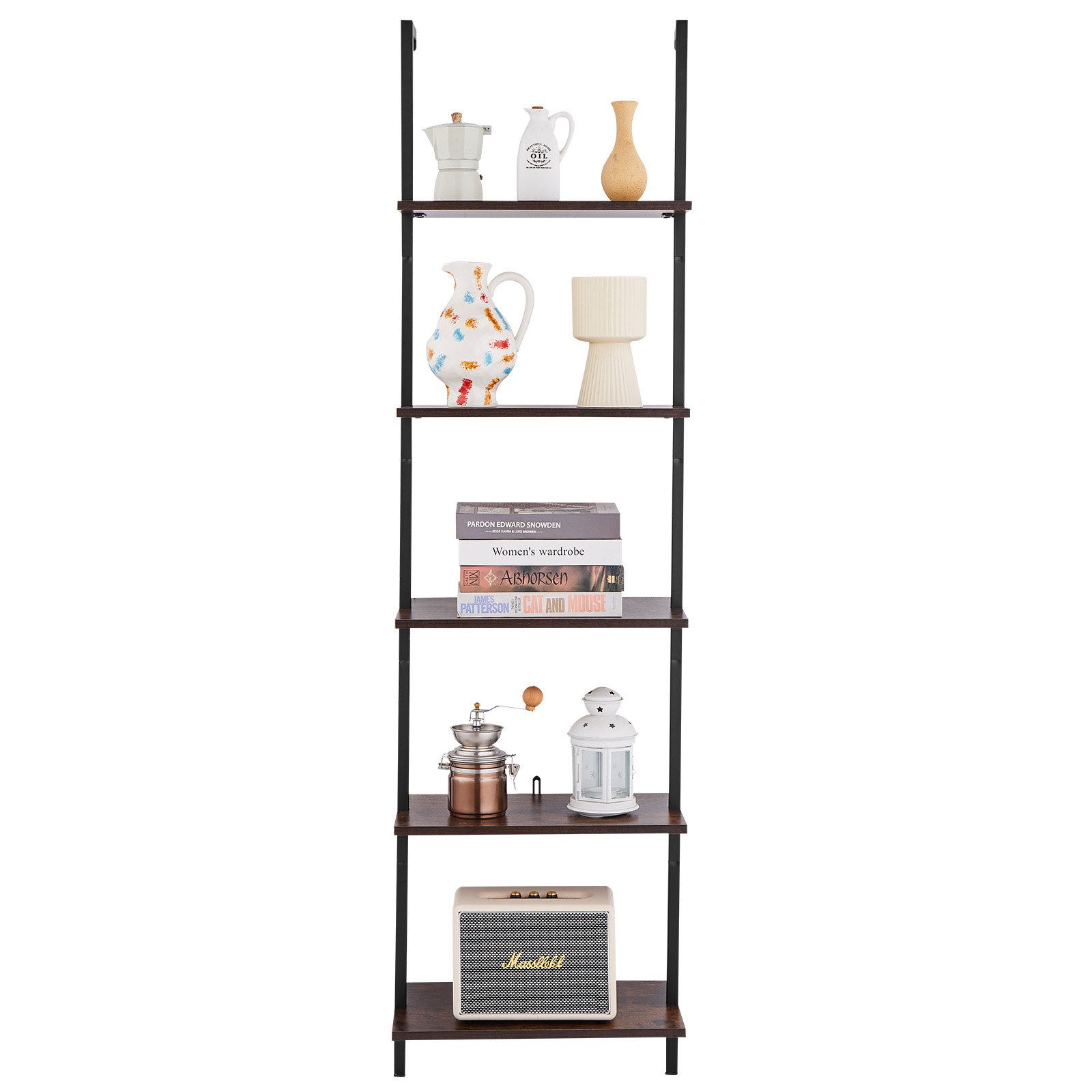 VEVOR Ladder Shelf, 5-Tier Bookshelf 17.3x11.8in, Open Wall-Mounted Ladder Shelf with Metal Frame,Storage Rack Sundries Holder for Kitchen Bedroom Bathroom Living Room, Black