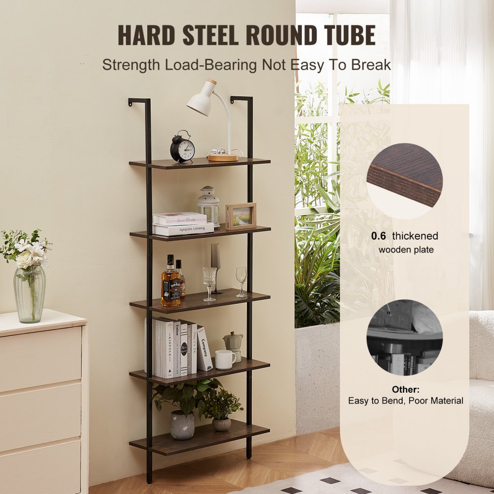 VEVOR Ladder Shelf, 5-Tier Bookshelf 24x11.8in, Open Wall-Mounted Ladder Shelf with Metal Frame,Storage Rack Sundries Holder for Kitchen Bedroom Bathroom Living Room, Black