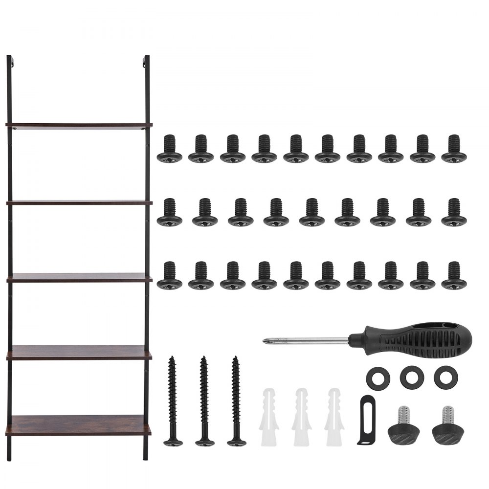 VEVOR Ladder Shelf, 5-Tier Bookshelf 24x11.8in, Open Wall-Mounted Ladder Shelf with Metal Frame,Storage Rack Sundries Holder for Kitchen Bedroom Bathroom Living Room, Black