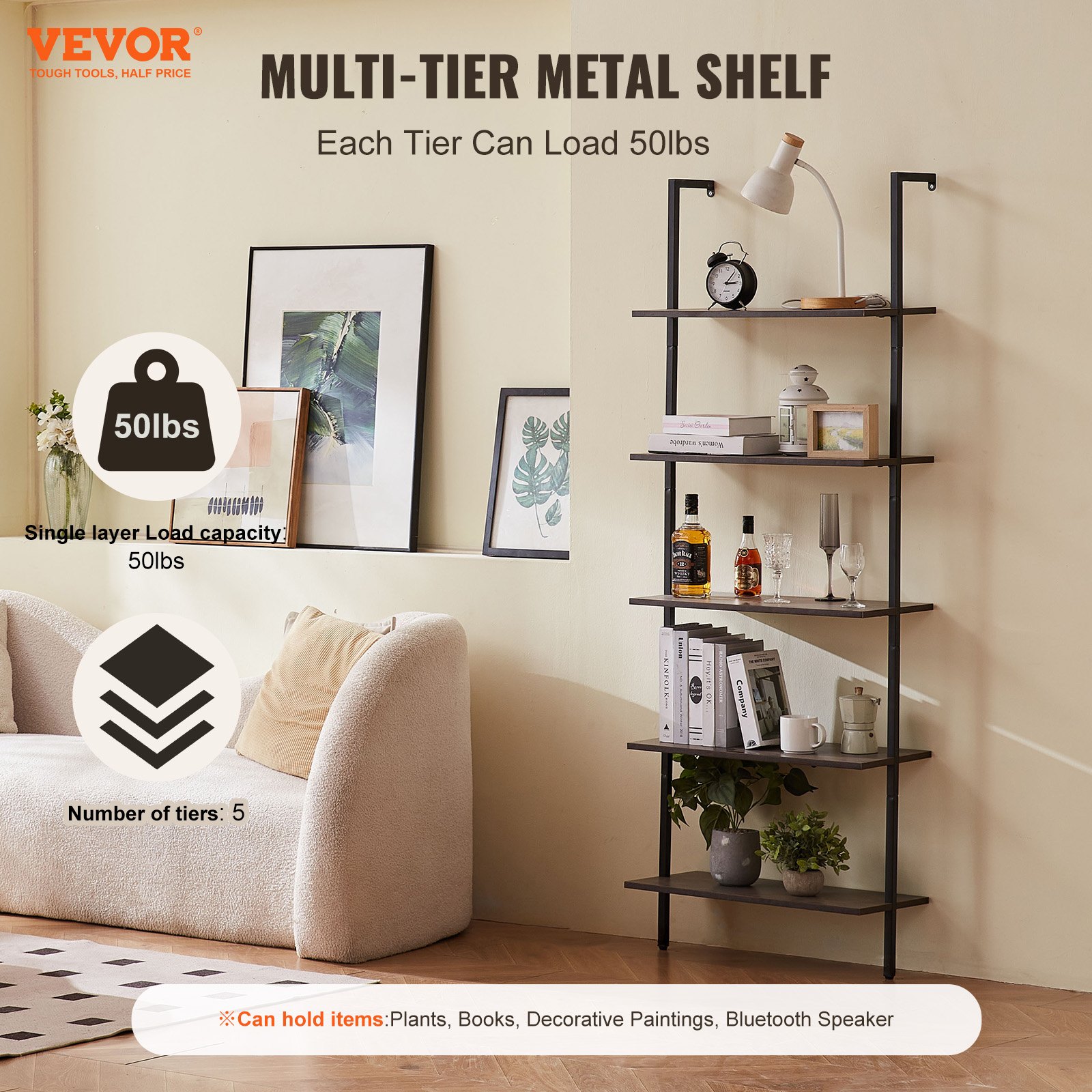 VEVOR Ladder Shelf, 5-Tier Bookshelf 24x11.8in, Open Wall-Mounted Ladder Shelf with Metal Frame,Storage Rack Sundries Holder for Kitchen Bedroom Bathroom Living Room, Black